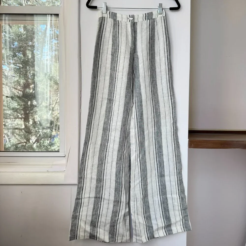 Reformation Romero Striped Linen Wide-Leg Pants White Grey 0